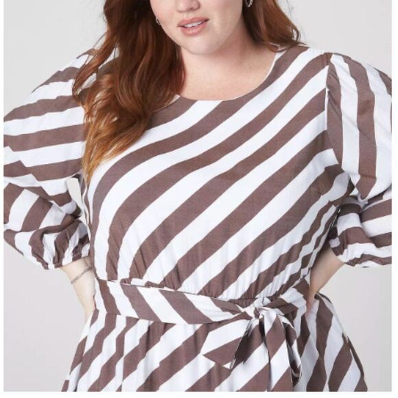 Lane Bryant Blouson-Sleeve Ruffle Hem Brown White Stripe Print Size 24 NEW - Picture 3 of 14